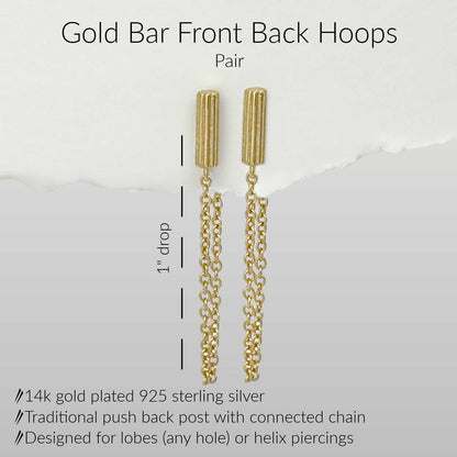 Specs for Gold Bar Front to Back Hoops, 14k Gold Plated Sterling Silver Chain Connected Stud Earring, 1" Drop