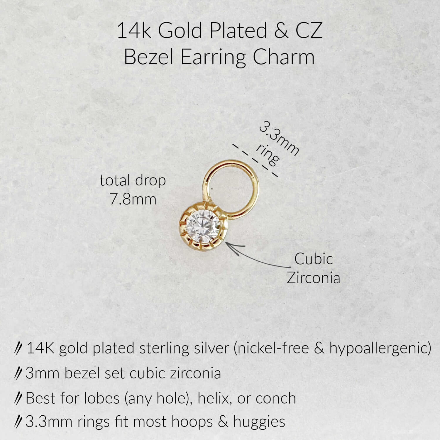 Specs for Gold Bezel & Cubic Zirconia Earring Charm for Hoops & Huggies