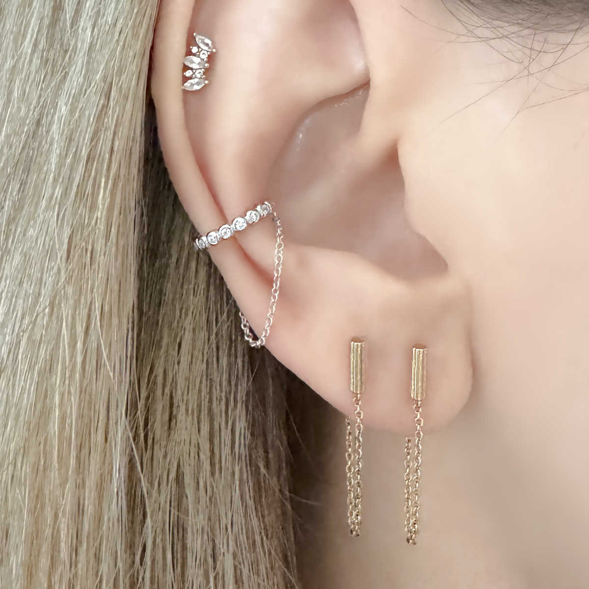 Gold Chain Link Earrings Front to Back Bar Studs with Dangle