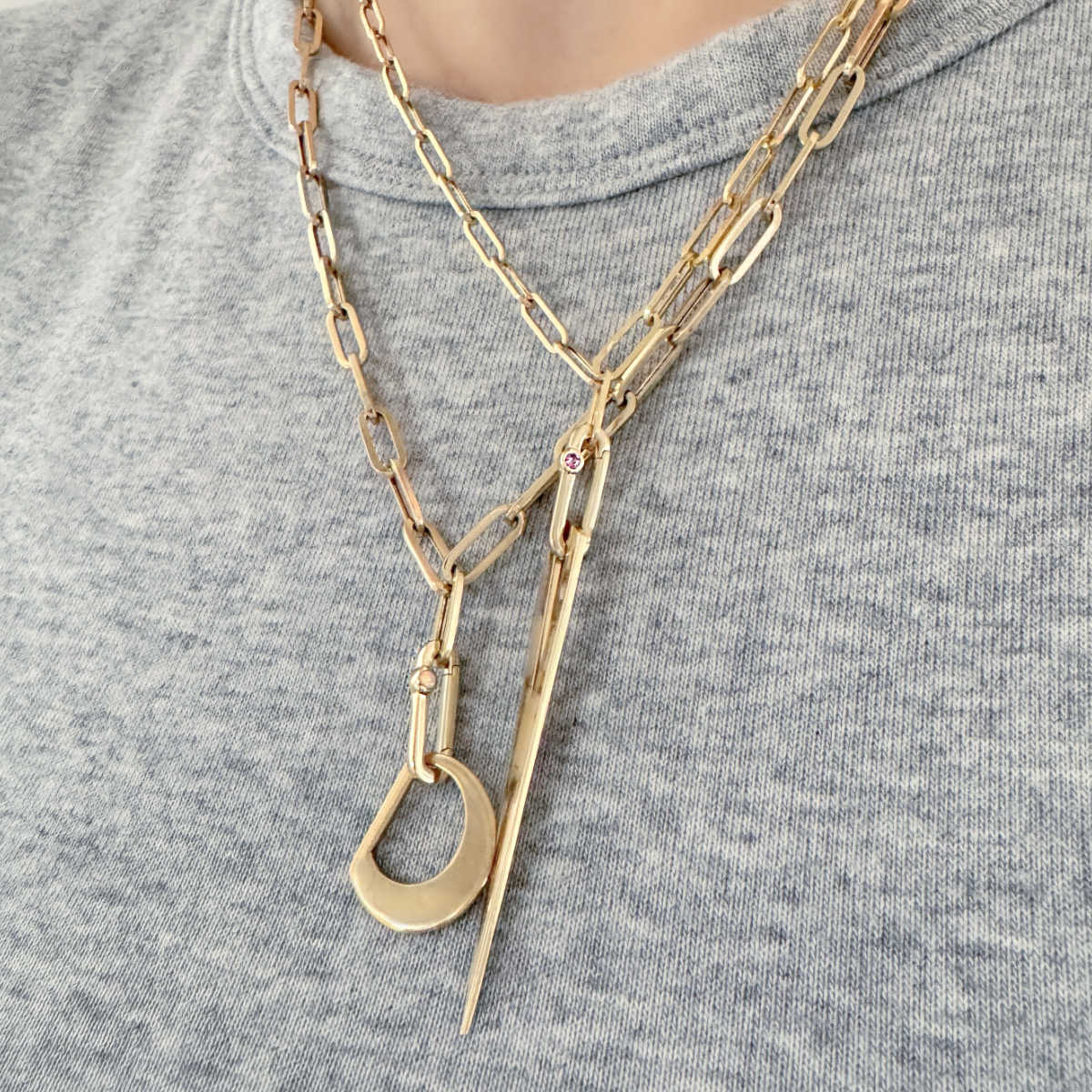 Large Gold Pendant, Solid 14k Geometric Spike Necklace on Model