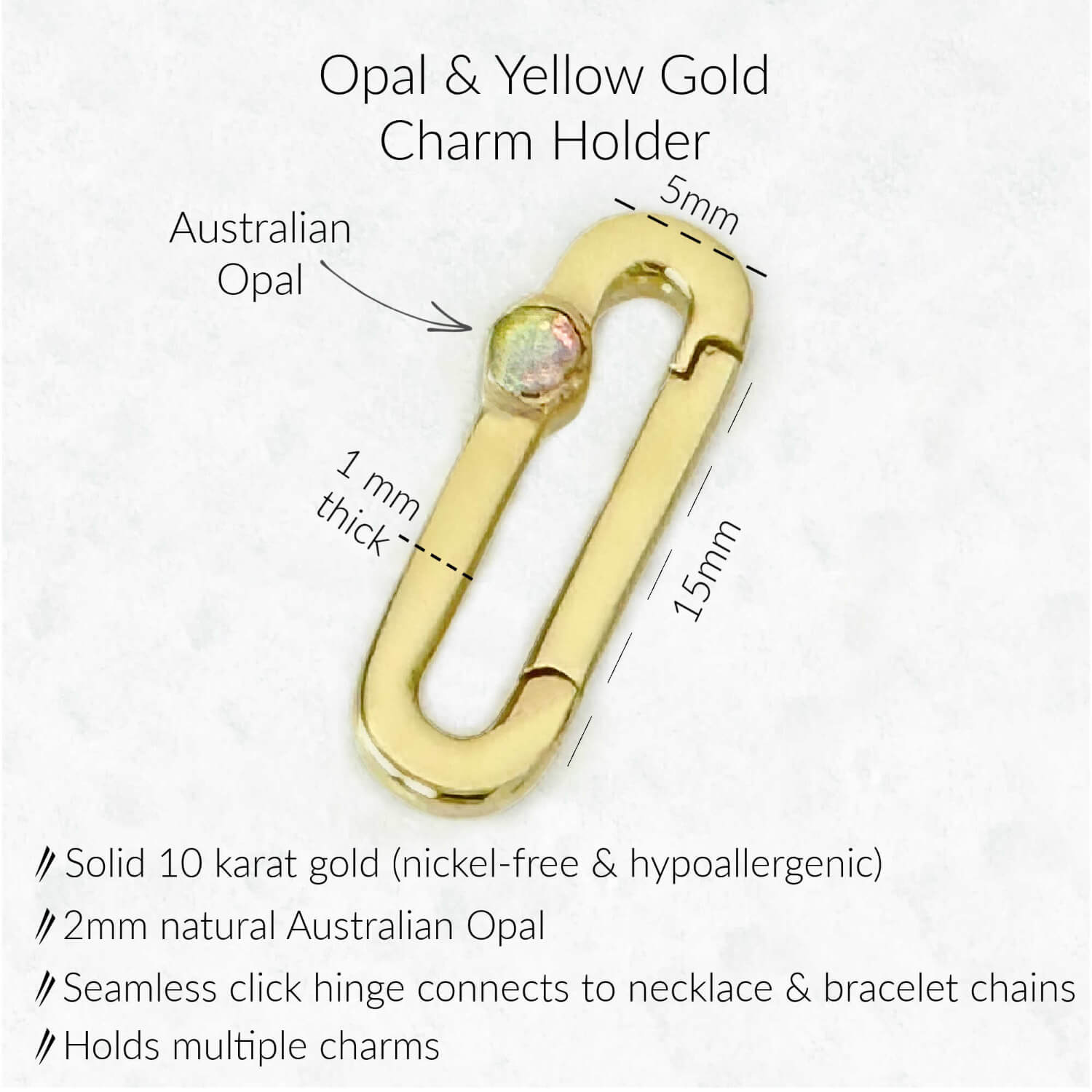 Opal & Solid Gold Charm Holder Clip Specs. 15mm x 5mm 10K Solid Gold Charm Clip with Seamless Click Hinge
