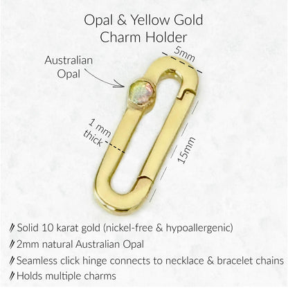 Opal & Solid Gold Charm Holder Clip Specs. 15mm x 5mm 10K Solid Gold Charm Clip with Seamless Click Hinge