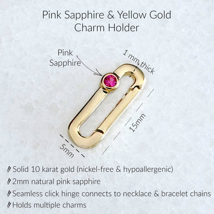 Pink Sapphire Charm Holder Specs. 15mm x 5mm 10K Solid Gold Charm Clip with Seamless Click Hinge