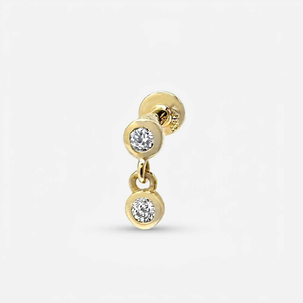 Dangling Diamond Earring, 14k Gold Bezel Flat Back Stud, Cartilage Jewelry for Helix, Tragus, Conch or Lobe