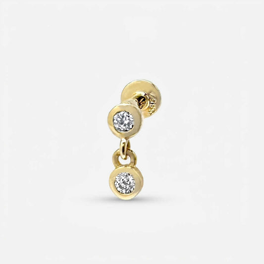 Dangling Diamond Earring, 14k Gold Bezel Flat Back Stud, Cartilage Jewelry for Helix, Tragus, Conch or Lobe