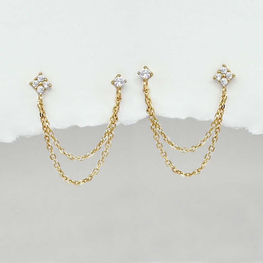 Gold Chain Earrings, Mismatched Gemstone Connected Double Piercing Studs from Two of Most