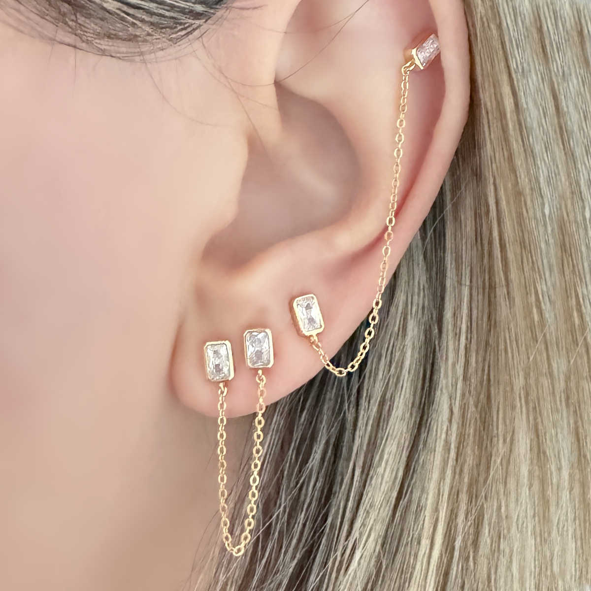 Emerald Cut Chain Connected Studs, Double Piercing Earrings on Model