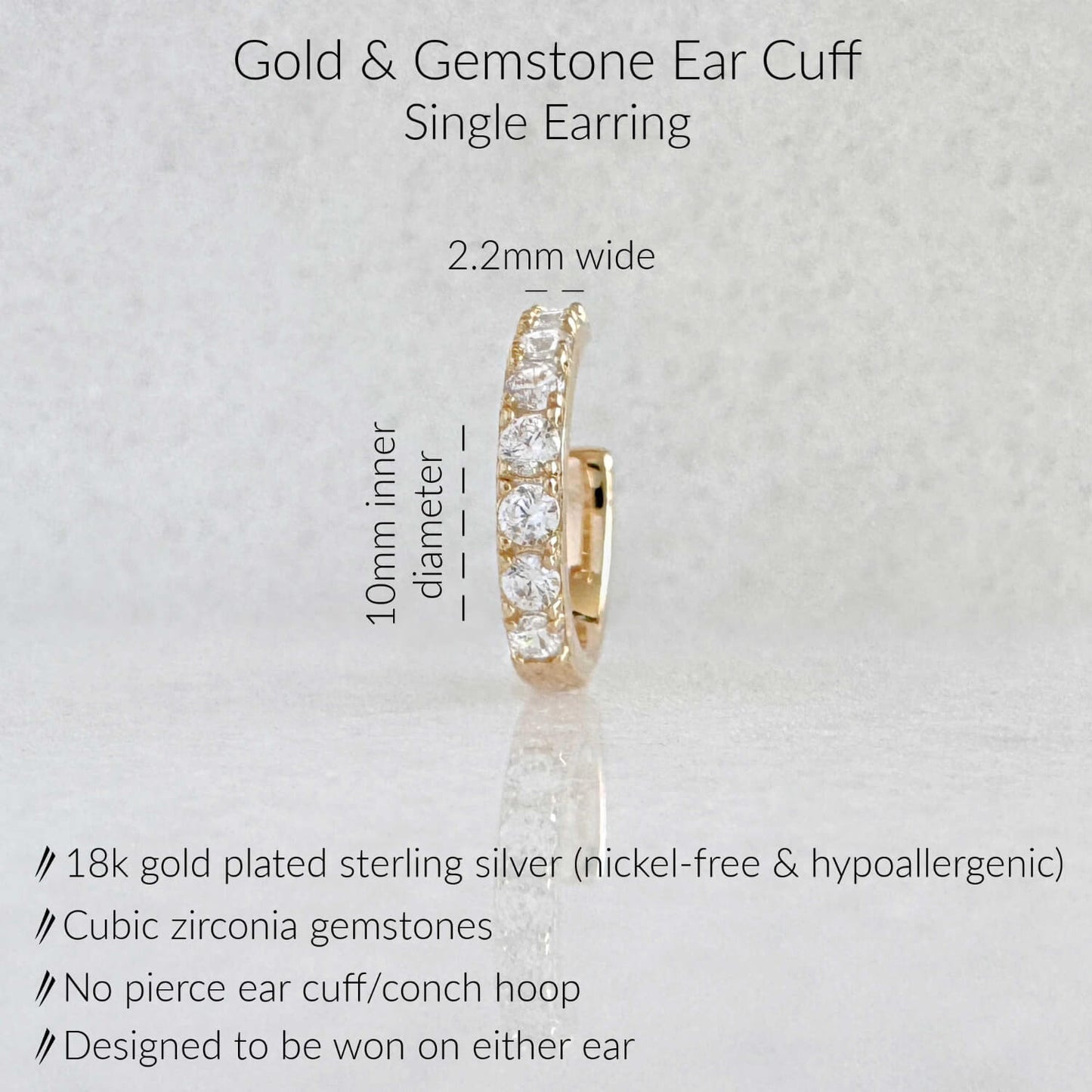 Specs for Gold Ear Cuff Earring. 18K Gold Plated Sterling Silver & Cubic Zirconia Gemstones, 10mm diameter