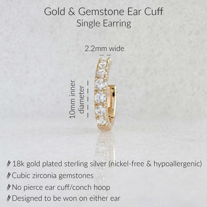 Specs for Gold Ear Cuff Earring. 18K Gold Plated Sterling Silver & Cubic Zirconia Gemstones, 10mm diameter