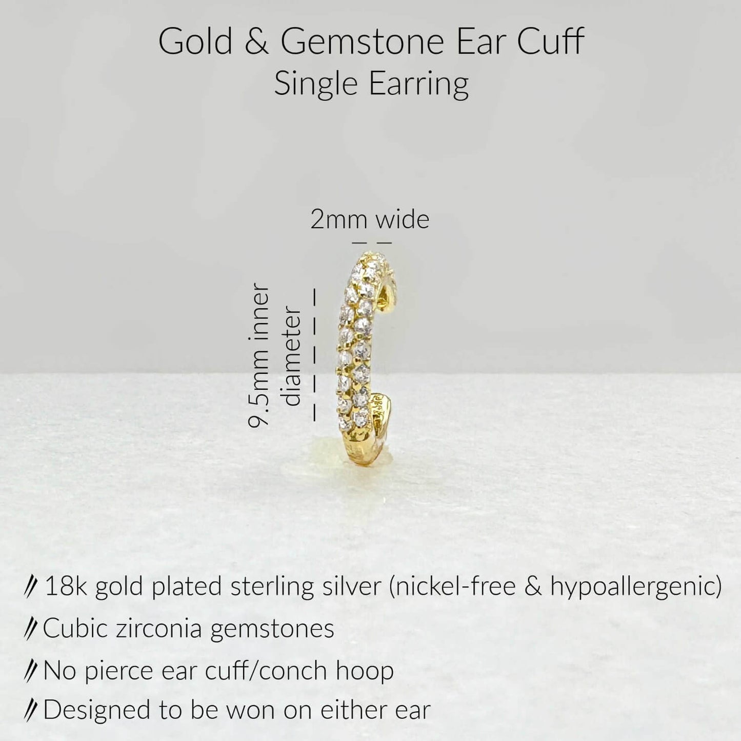 Specs for Gold Ear Cuff Earring. 18K Gold Plated Sterling Silver & Cubic Zirconia Gemstones