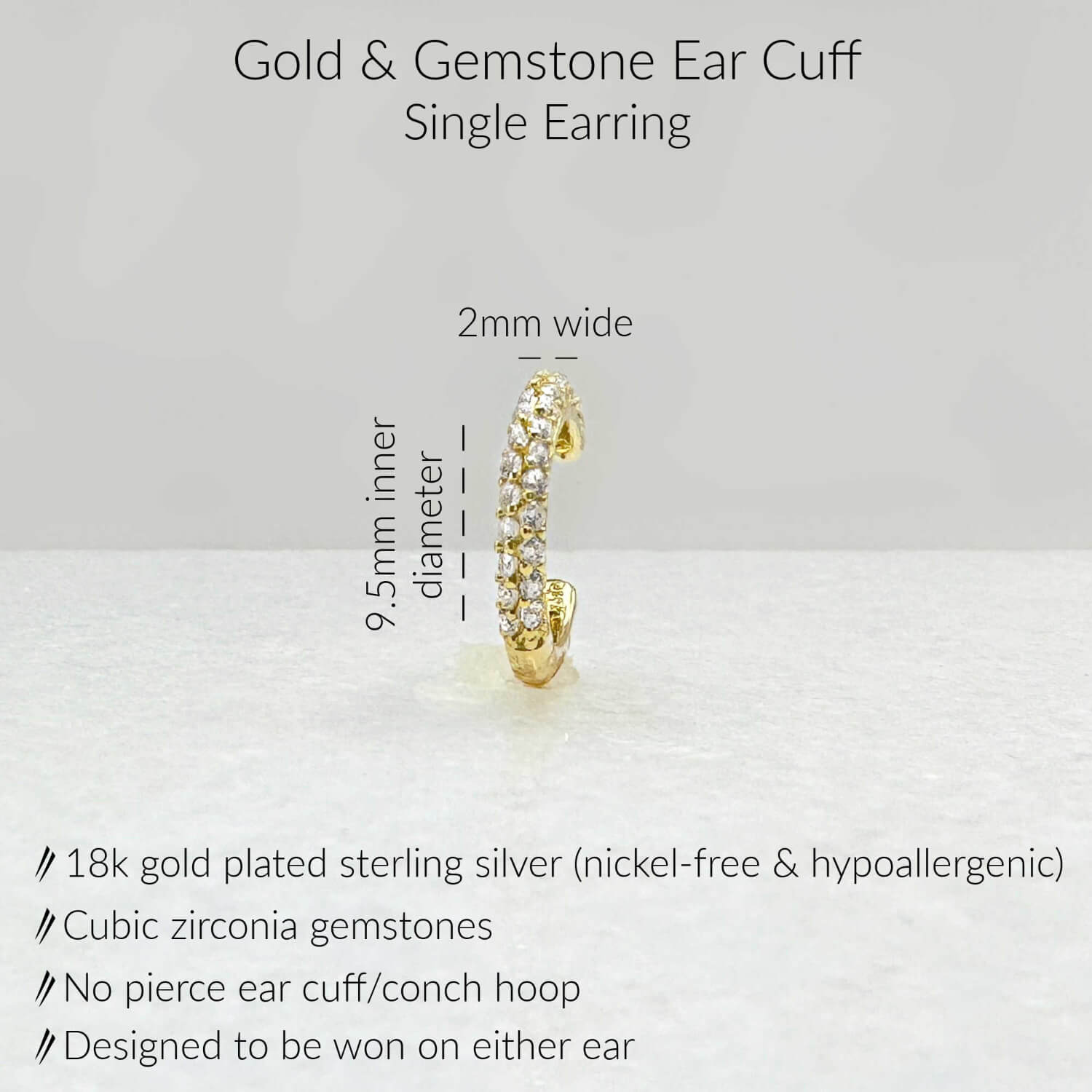 Specs for Gold Ear Cuff Earring. 18K Gold Plated Sterling Silver & Cubic Zirconia Gemstones