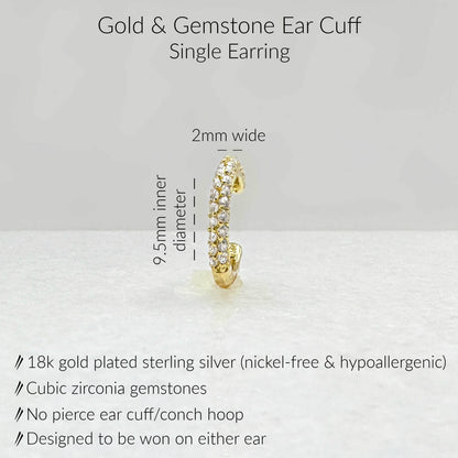 Specs for Gold Ear Cuff Earring. 18K Gold Plated Sterling Silver & Cubic Zirconia Gemstones