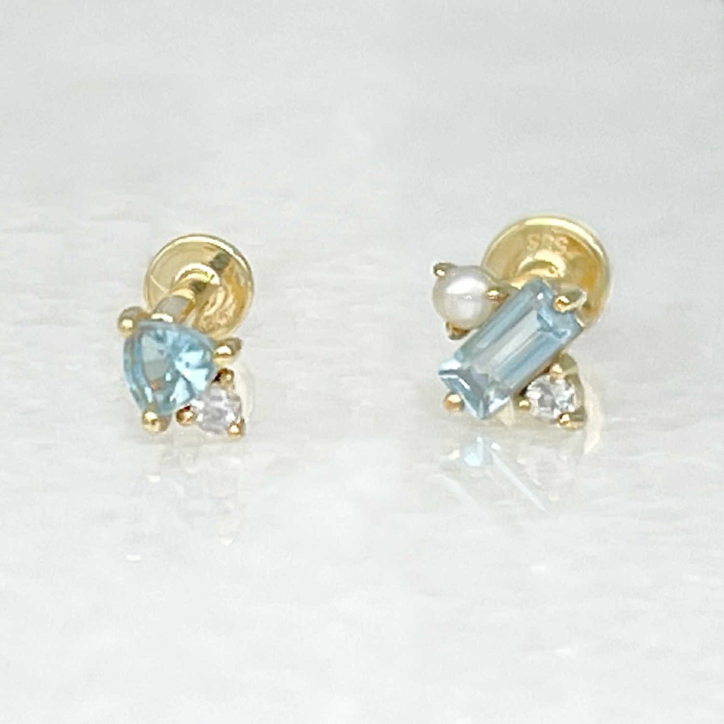 Blue Topaz & Pearl Flat Back Cartilage Earrings, Mismatched Jewelry Set in 14k Gold, From Two of Most