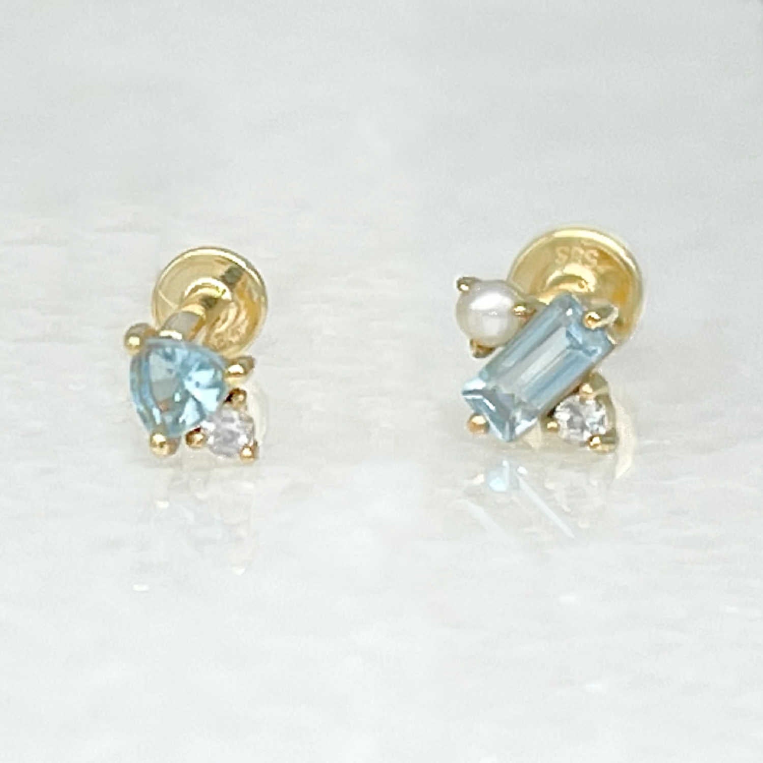 Blue Topaz & Pearl Flat Back Cartilage Earrings, Mismatched Jewelry Set in 14k Gold, From Two of Most