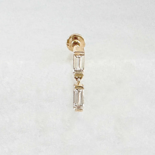 Flat Back Gold Dangle Earring, Baguette Piercing Studs for Helix, Conch, Tragus or Lobe from Two of Most