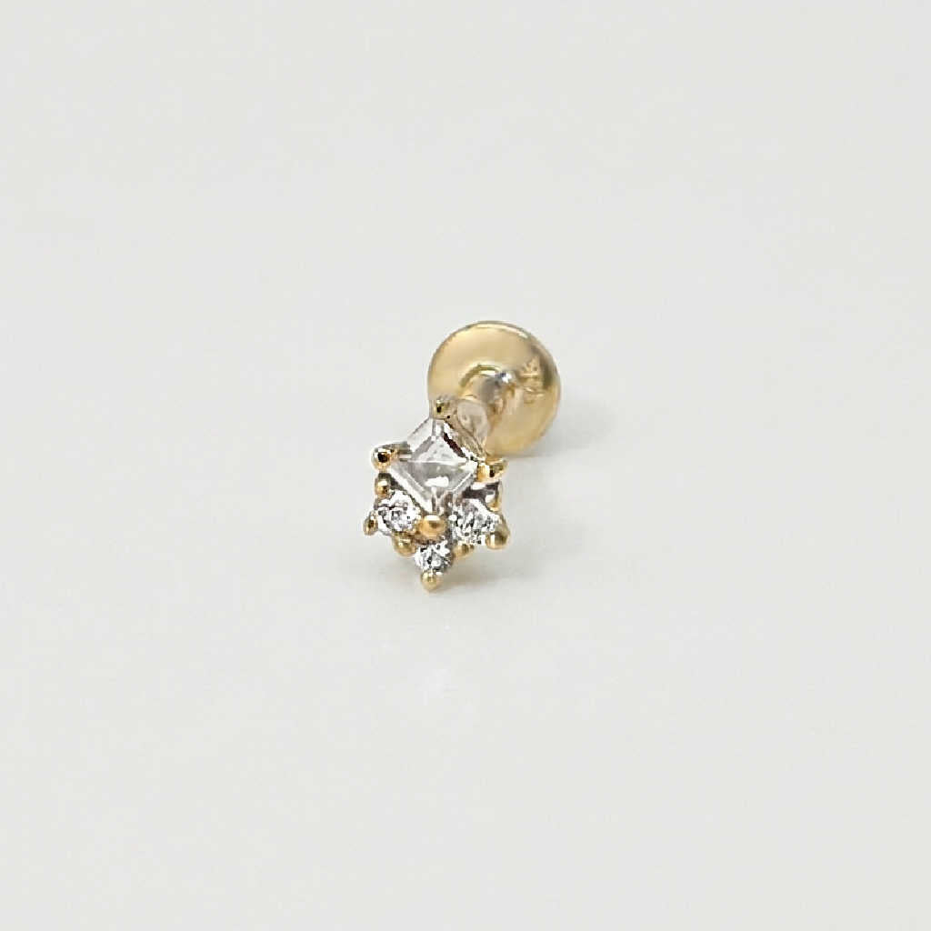 Princess Cut Earring, 14k Gold Flat Back Stud, Cartilage Jewelry for Helix, Tragus, Conch or Lobe