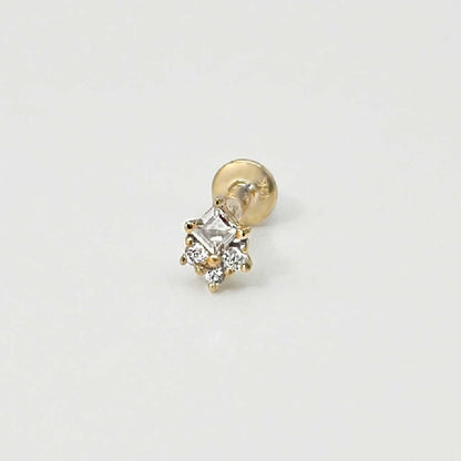 Princess Cut Earring, 14k Gold Flat Back Stud, Cartilage Jewelry for Helix, Tragus, Conch or Lobe