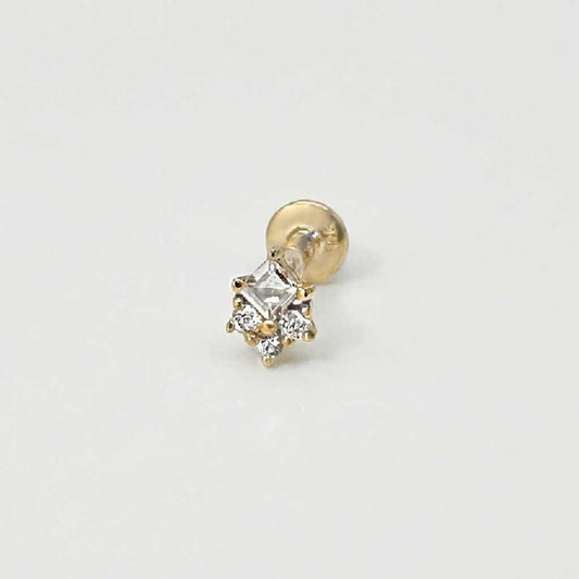 Princess Cut Earring, 14k Gold Flat Back Stud, Cartilage Jewelry for Helix, Tragus, Conch or Lobe