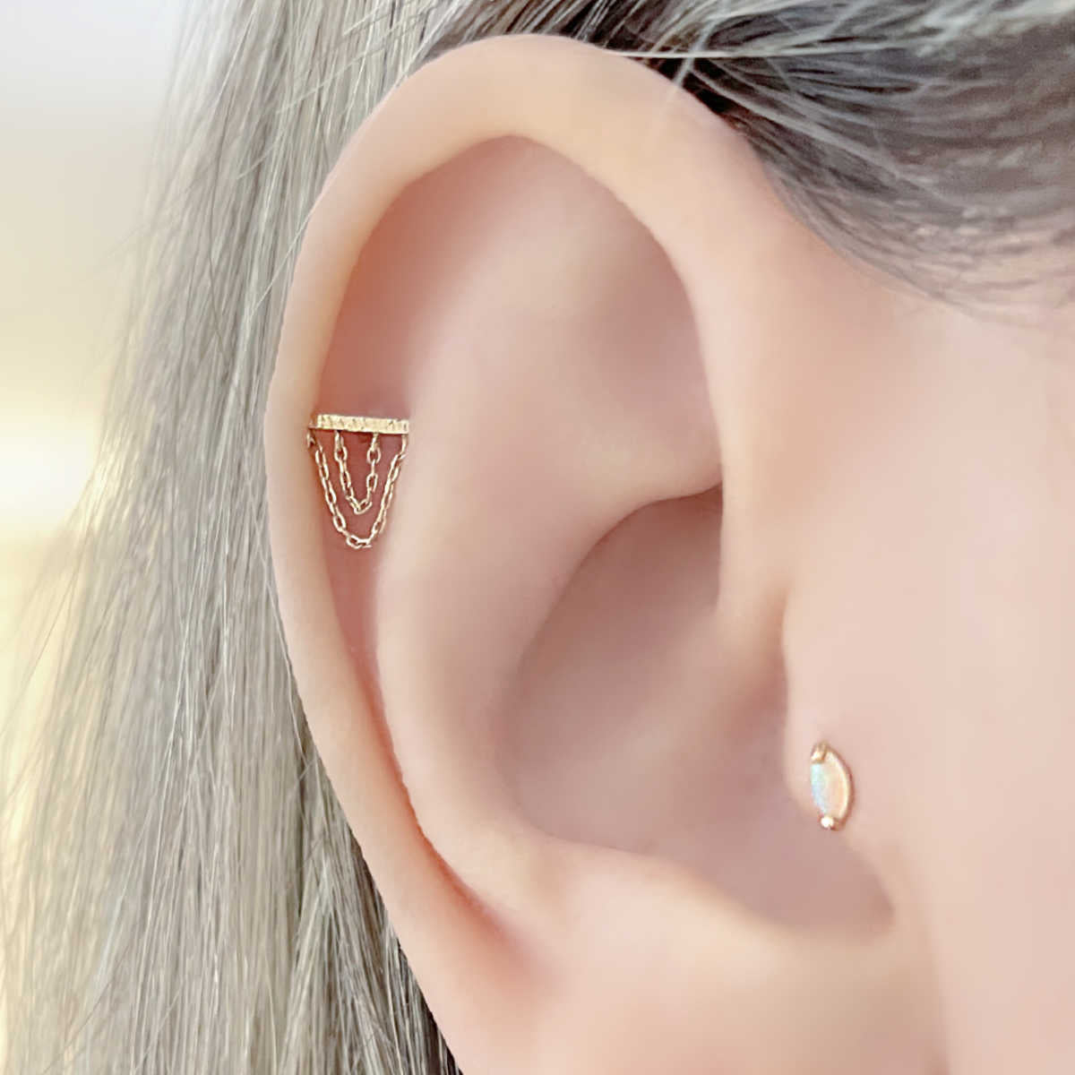 Gold Bar & Double Chain Cartilage Earring  on Model