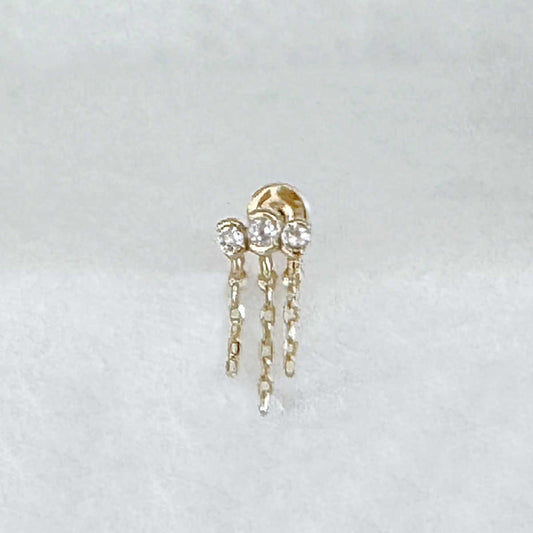 Three Stone Flat Back Earring with Chains, Gold Helix Piercing Studs from Two of Most