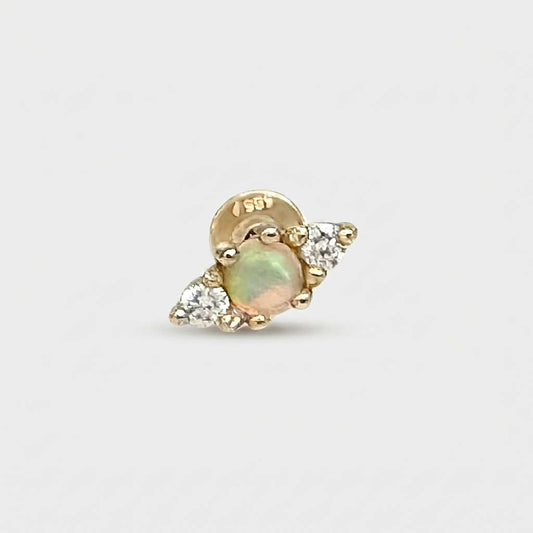Opal 3-Stone Earring, 14k Gold Flat Back Stud, Cartilage Jewelry for Helix, Tragus, Conch or Lobe