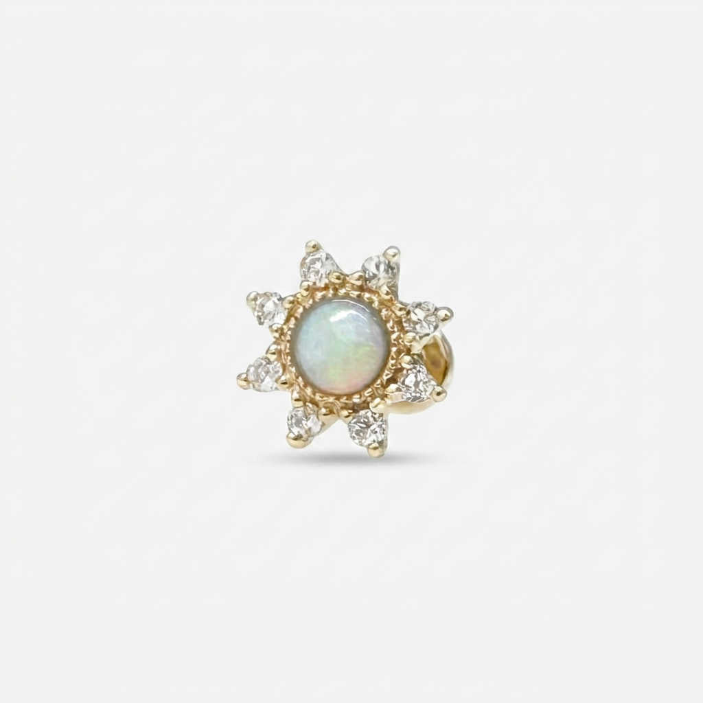 Opal Starburst Earring, 14k Gold Flat Back Stud, Cartilage Jewelry for Helix, Conch or Lobe