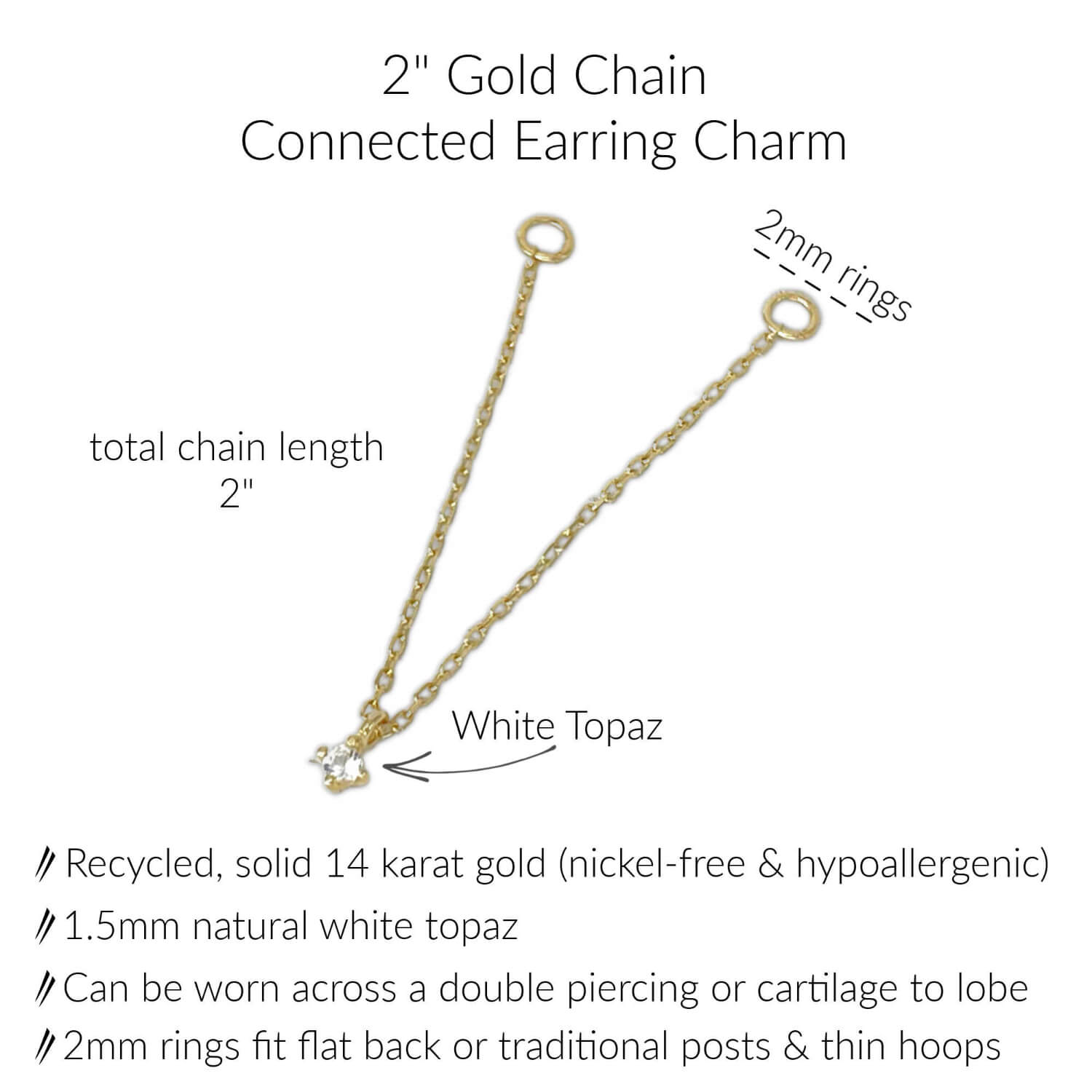 Specs for 2" Gold Chain Earring Charm with White Topaz Dangle