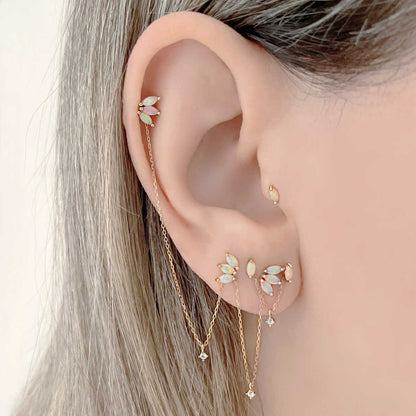 Double Piercing Connector Chain, Gold & Gemstone Helix to Lobe Earring Charm on Model