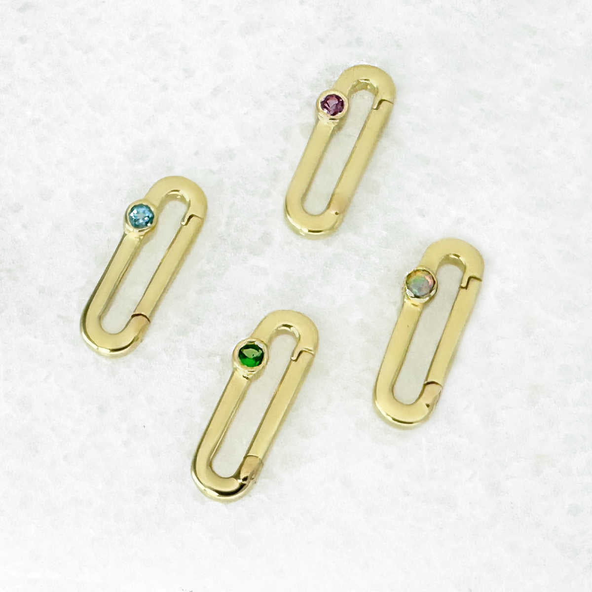 Solid Gold & Colored Gemstone Charm Holders, Chain Connector Clips from Two of Most