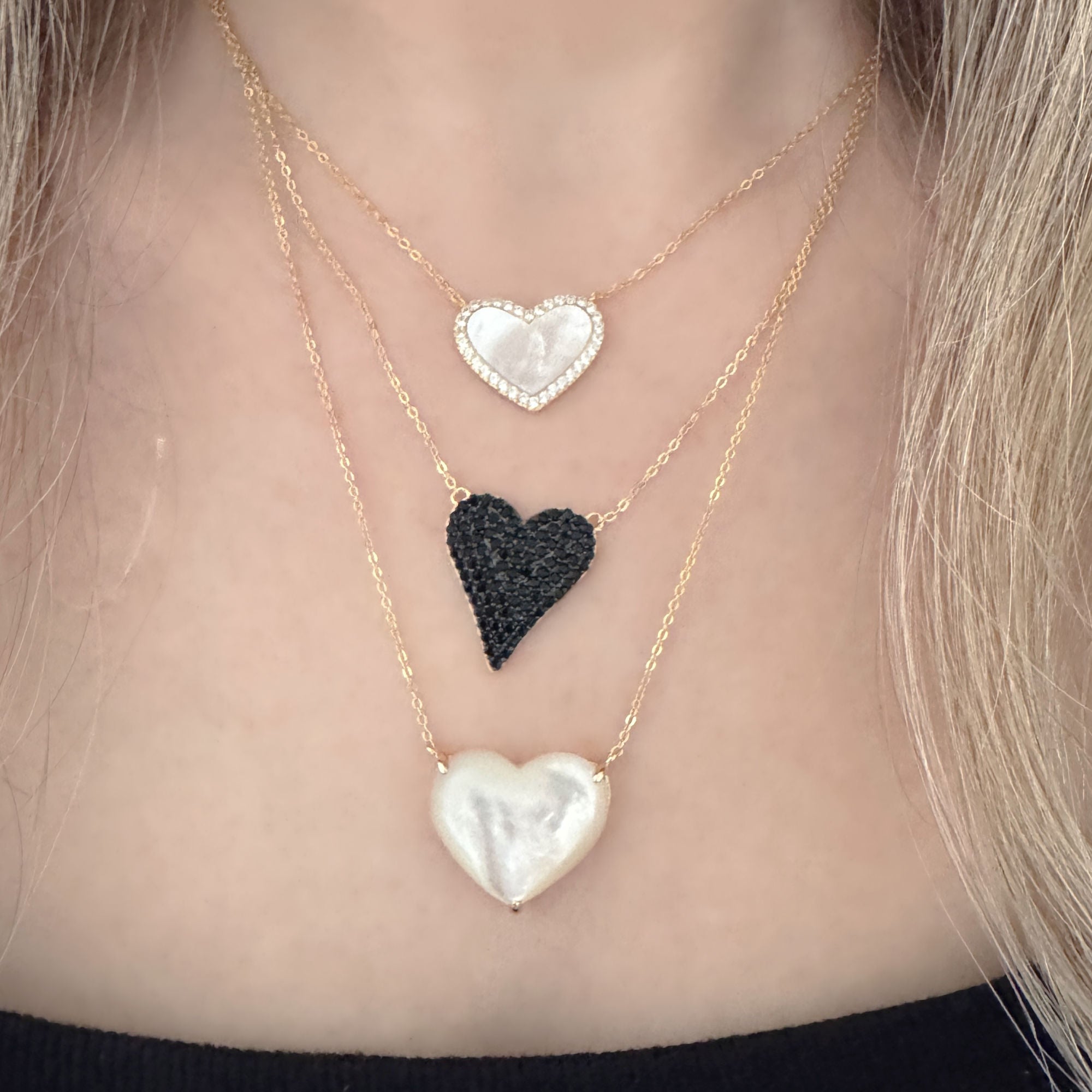 Large Heart Pendant Necklaces on Model, Two of Most Fine Jewelry