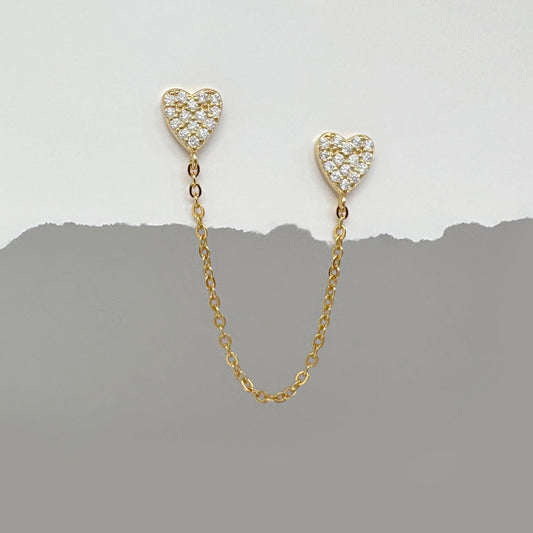 Gold Heart Earrings, Chain Connected Double Piercing Studs, Two of Most