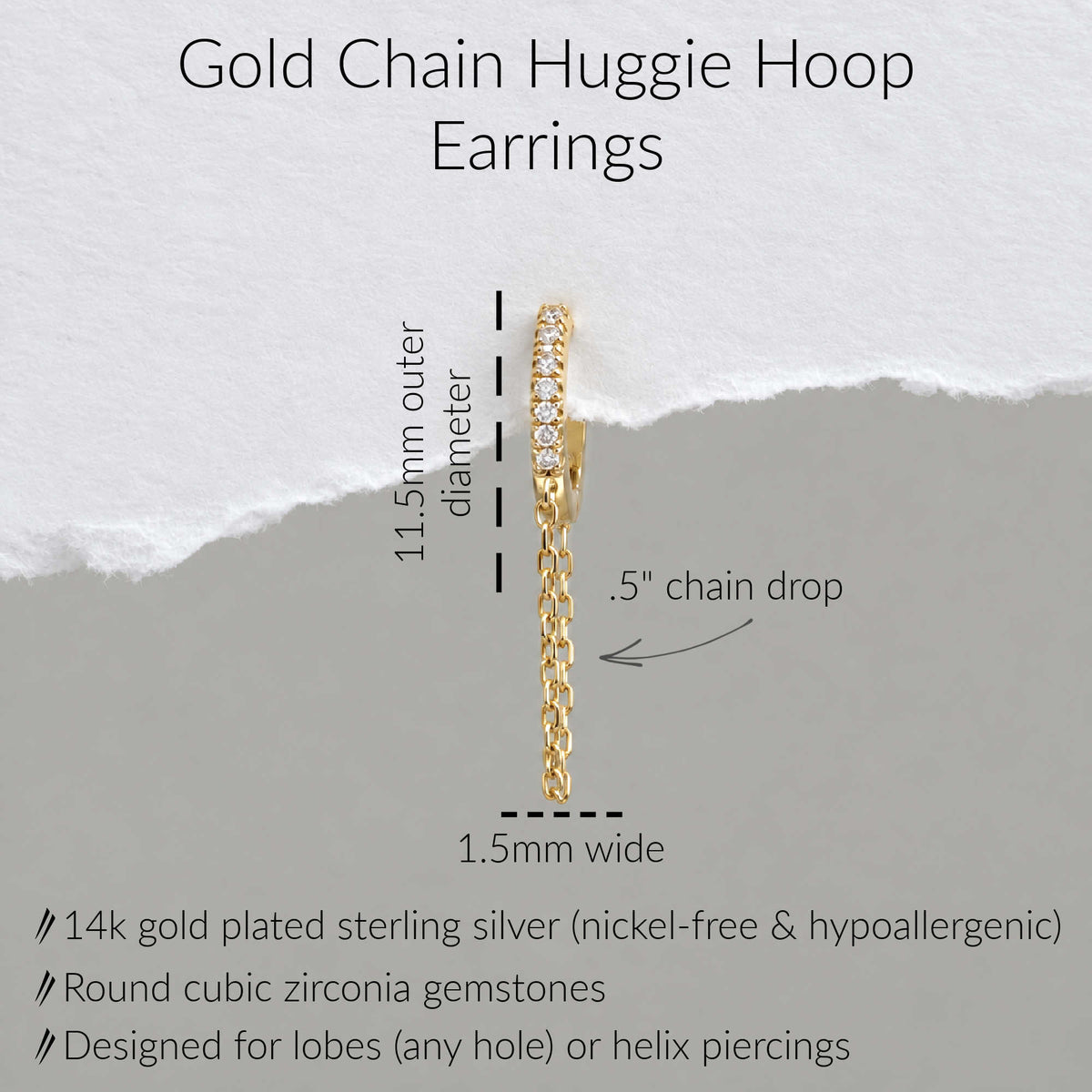 Gold chain huggie hoop earrings shown with overlaid dimension labels reading 11.5mm outer diameter and .5" chain drop.