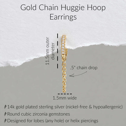 Gold chain huggie hoop earrings shown with overlaid dimension labels reading 11.5mm outer diameter and .5" chain drop.