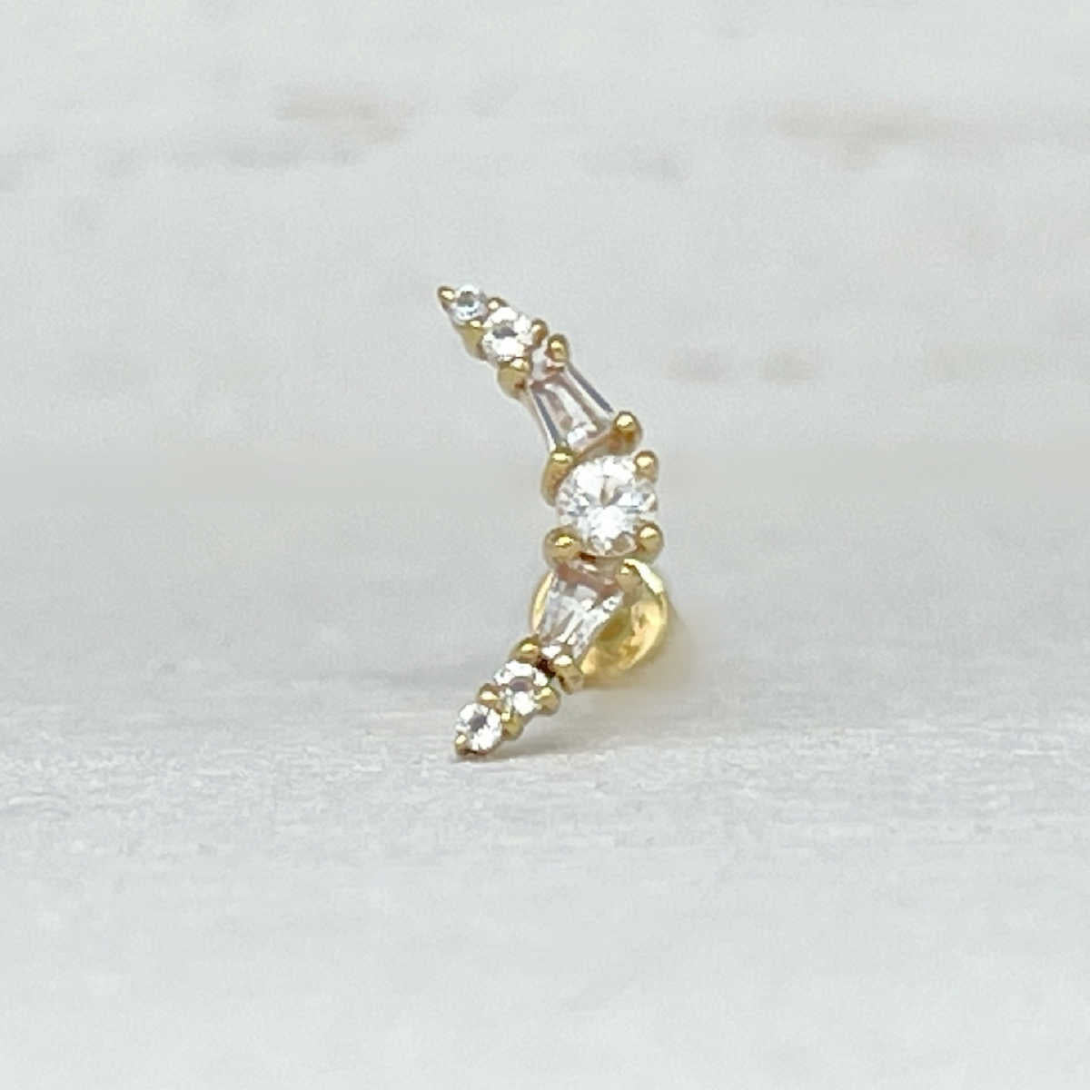 Gold Moon Helix Earring | Baguette & Round Gemstone Celestial Jewelry | Flat Back Cartilage Piercing Stud