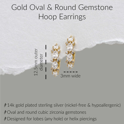 Gold oval and round gemstone hoop earrings shown on a split white and gray background with size labels: 12.5mm outer diameter and 3mm wide.