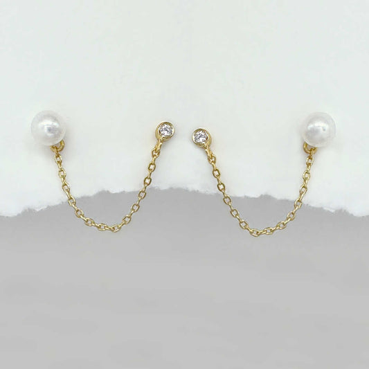 Gold Chain Earrings, Pearl Connected Double Piercing Studs from Two of Most