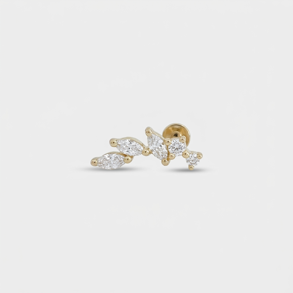 Gold plated flat back earrings, vine flower studs for helix, conch, lobe, or cartilage