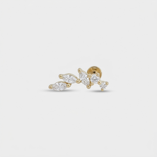 Gold plated flat back earrings, vine flower studs for helix, conch, lobe, or cartilage