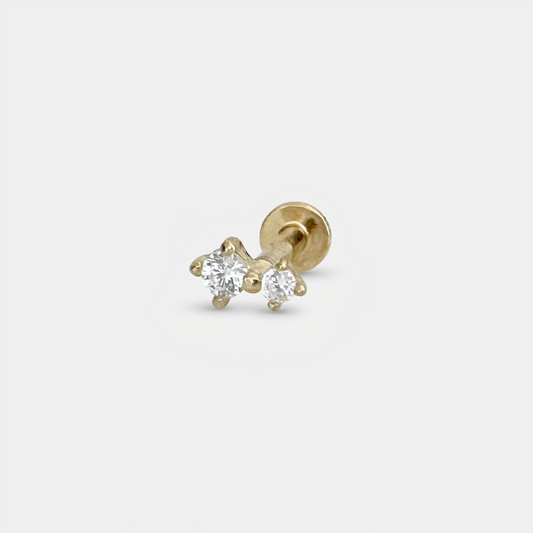 14k Gold Plated Silver flat back earrings,two-stone gemstone studs for helix, tragus, conch, or cartilage