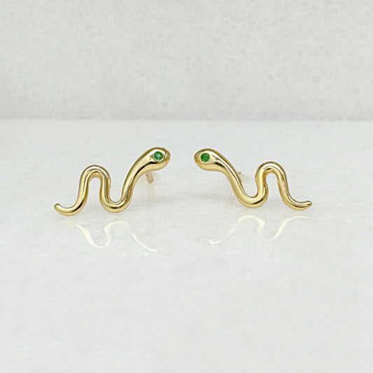 Gold Snake Earrings, Serpent Studs with Green Gemstone Eyes from Two of Most