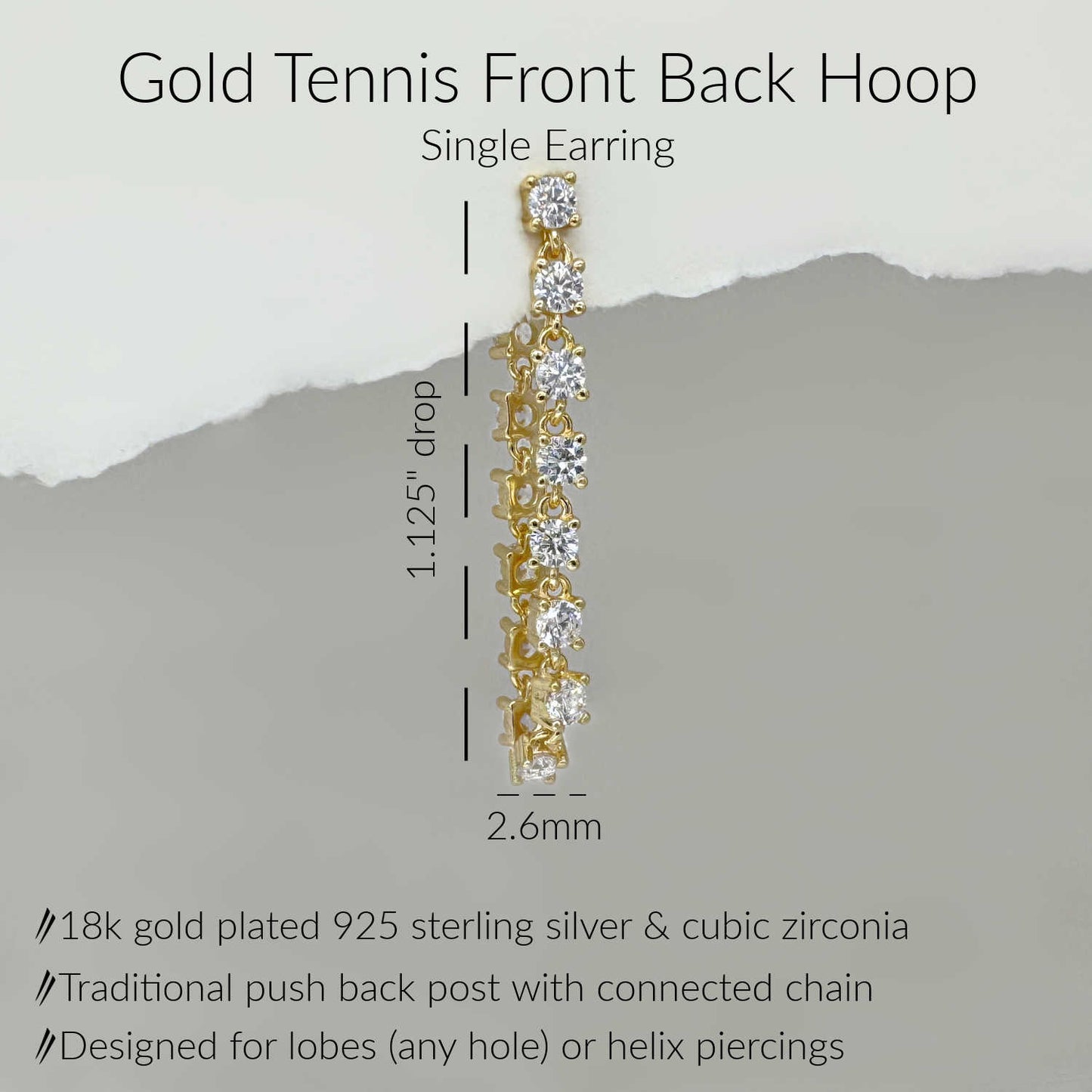 Specs for Gold Tennis Front to Back Hoops, Solid 18k Gold Plated Chain Connected Stud Earring, 1.125" Drop
