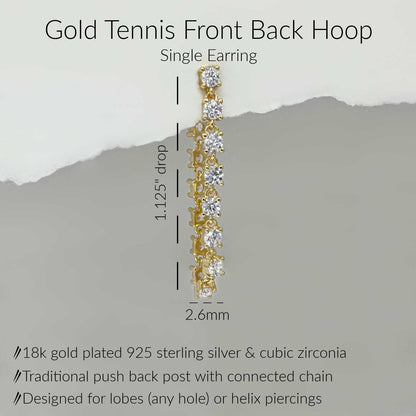 Specs for Gold Tennis Front to Back Hoops, Solid 18k Gold Plated Chain Connected Stud Earring, 1.125" Drop