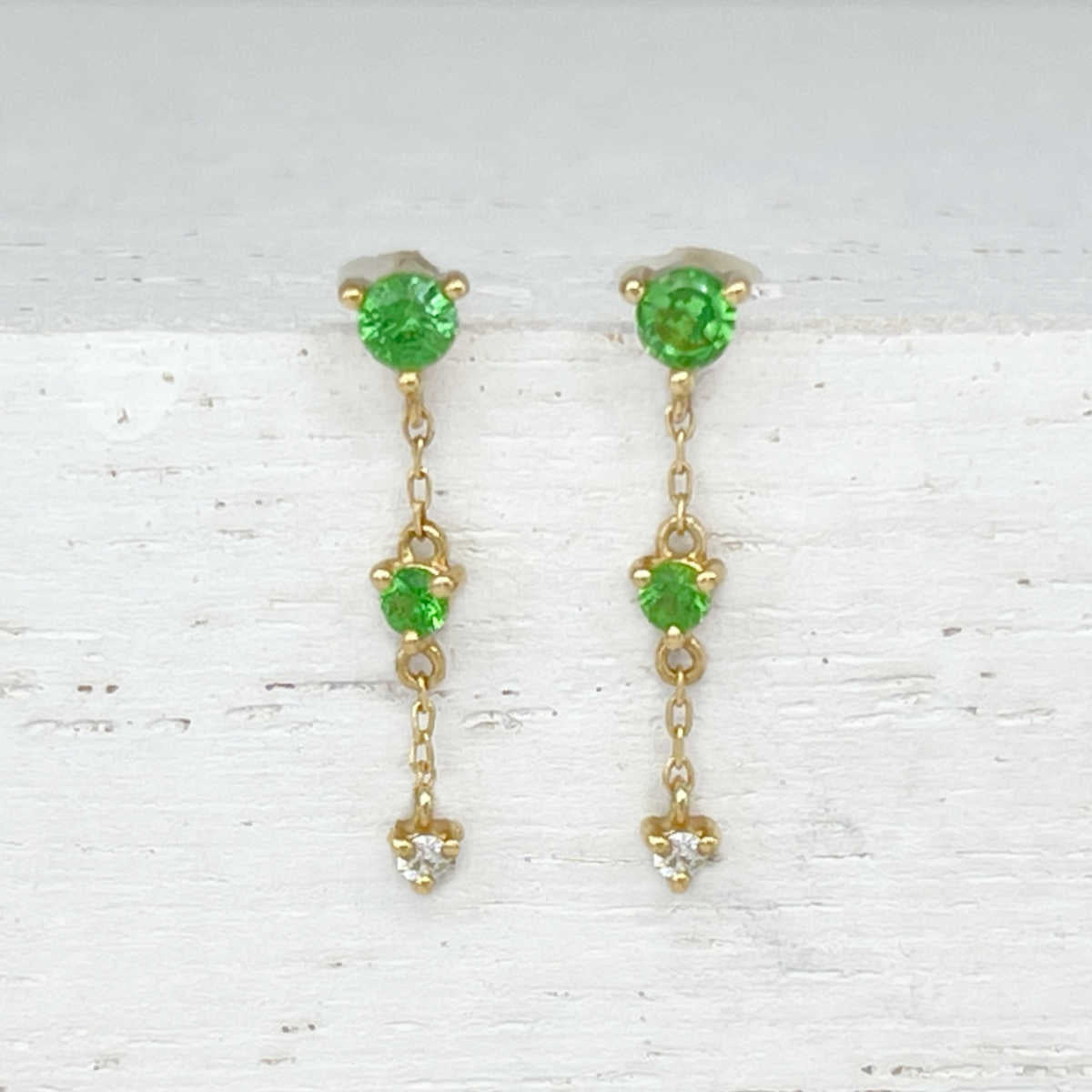 Green Tsavorite & Diamond Chain Drop Earrings