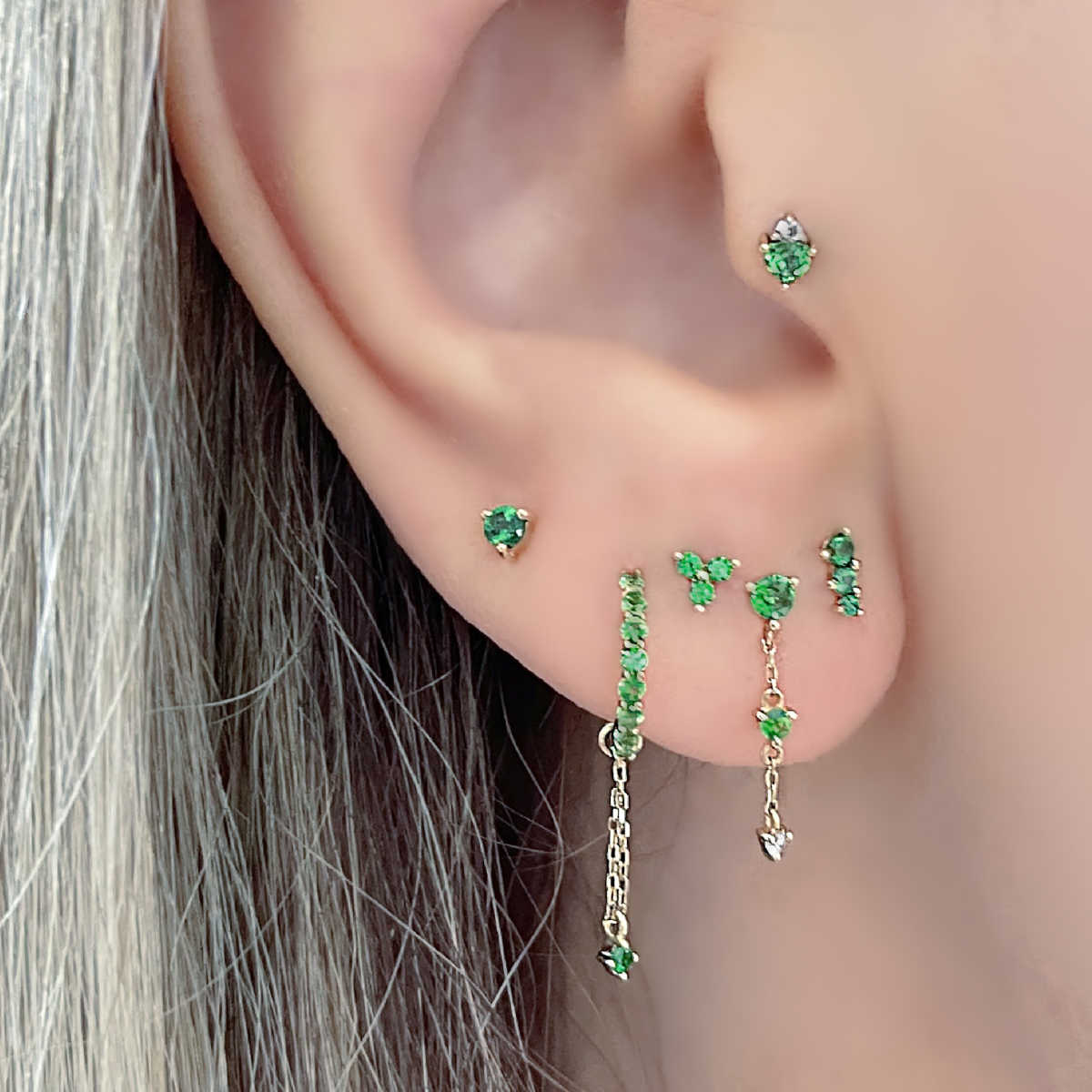 Green Tsavorite Cluster Earrings on Model | Gold Flat Back Cartilage Piercing Stud from Two of Most
