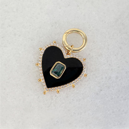 Large Heart Necklace Charm & Charm Holder, Onyx and Emerald Gemstone Pendant from Two of Most