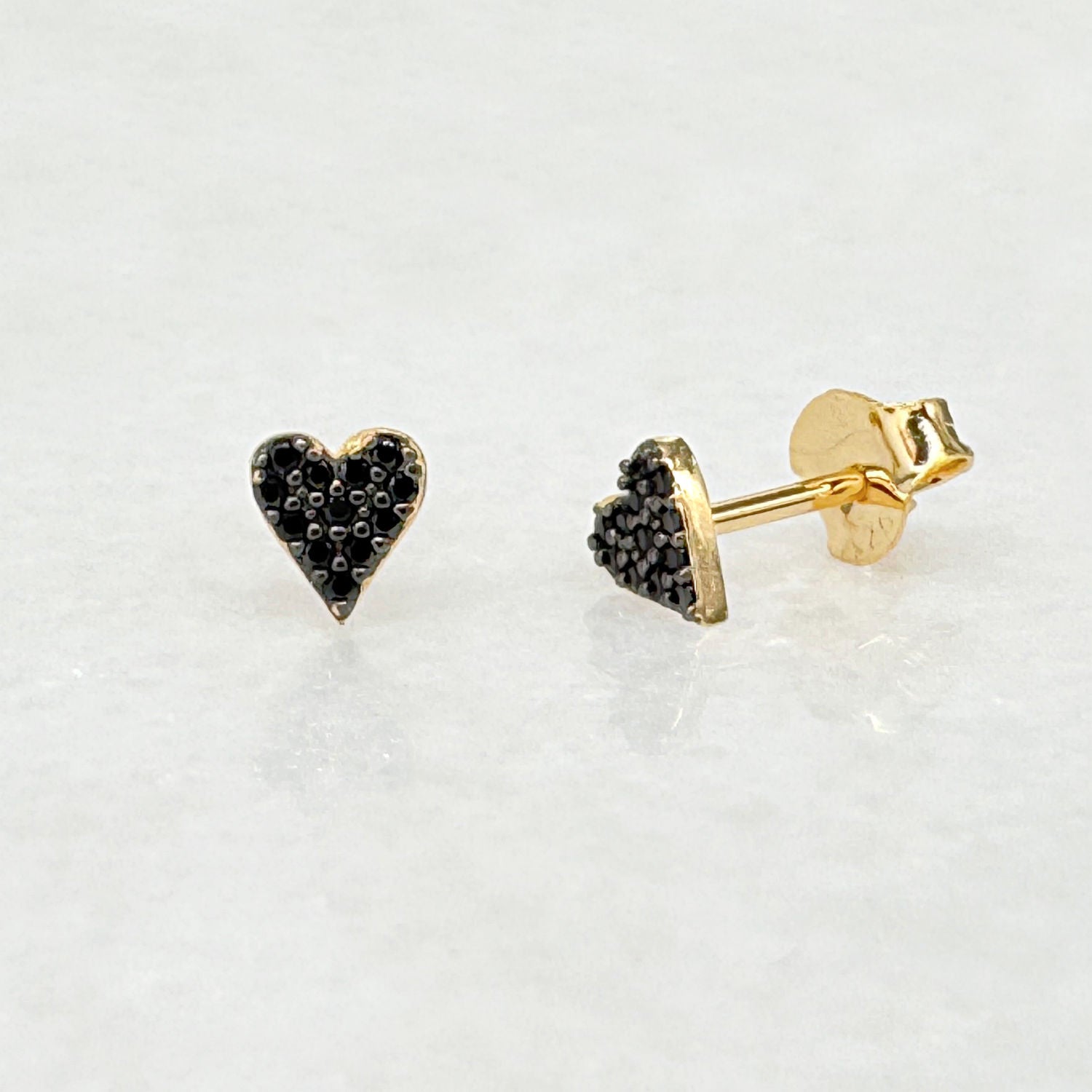 Heart Shaped Stud Earrings, Gold & Black Gemstones, Two of Most