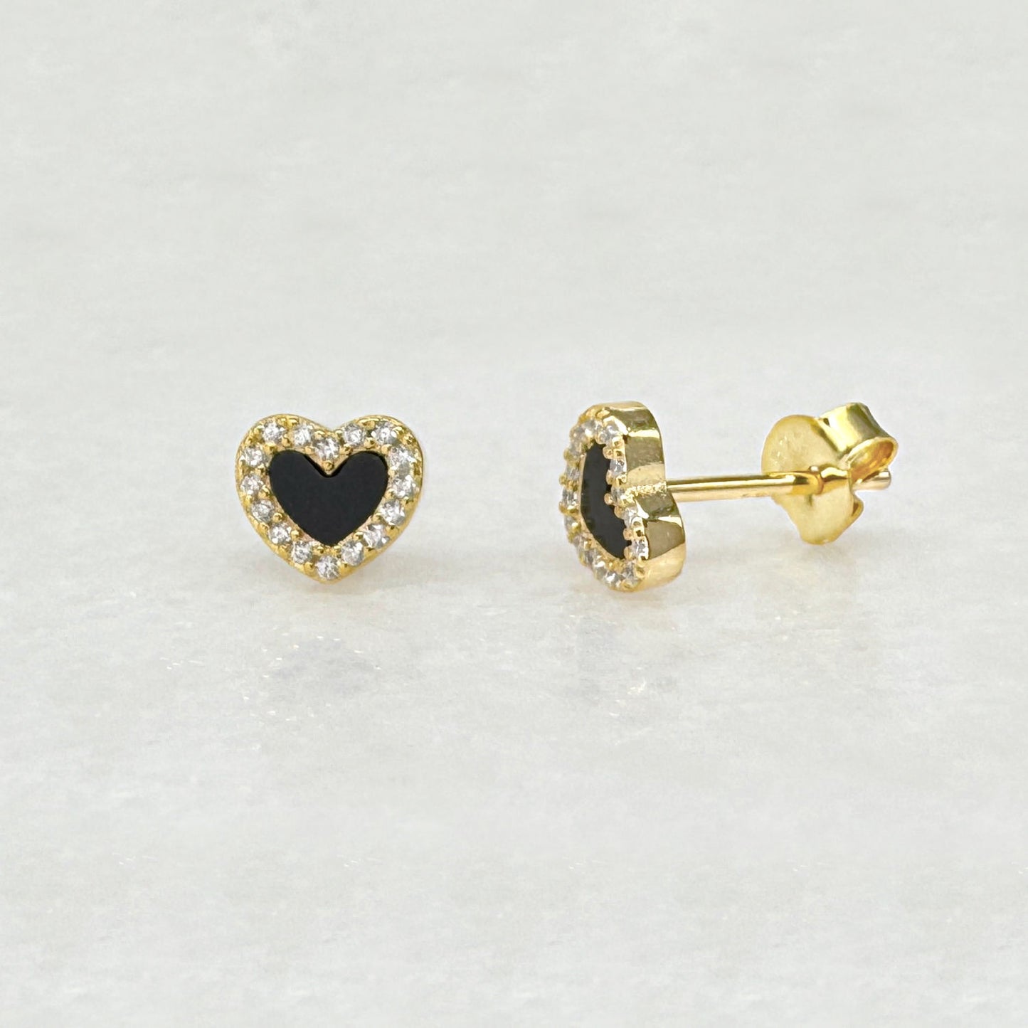 Heart Shaped Stud Earrings, Gold & Black Onyx Gemstones, Two of Most