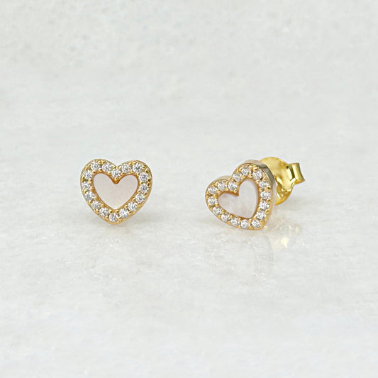 Heart Shaped Stud Earrings, Gold & White Mother of Pearl Gemstones, Two of Most Fine Jewelry