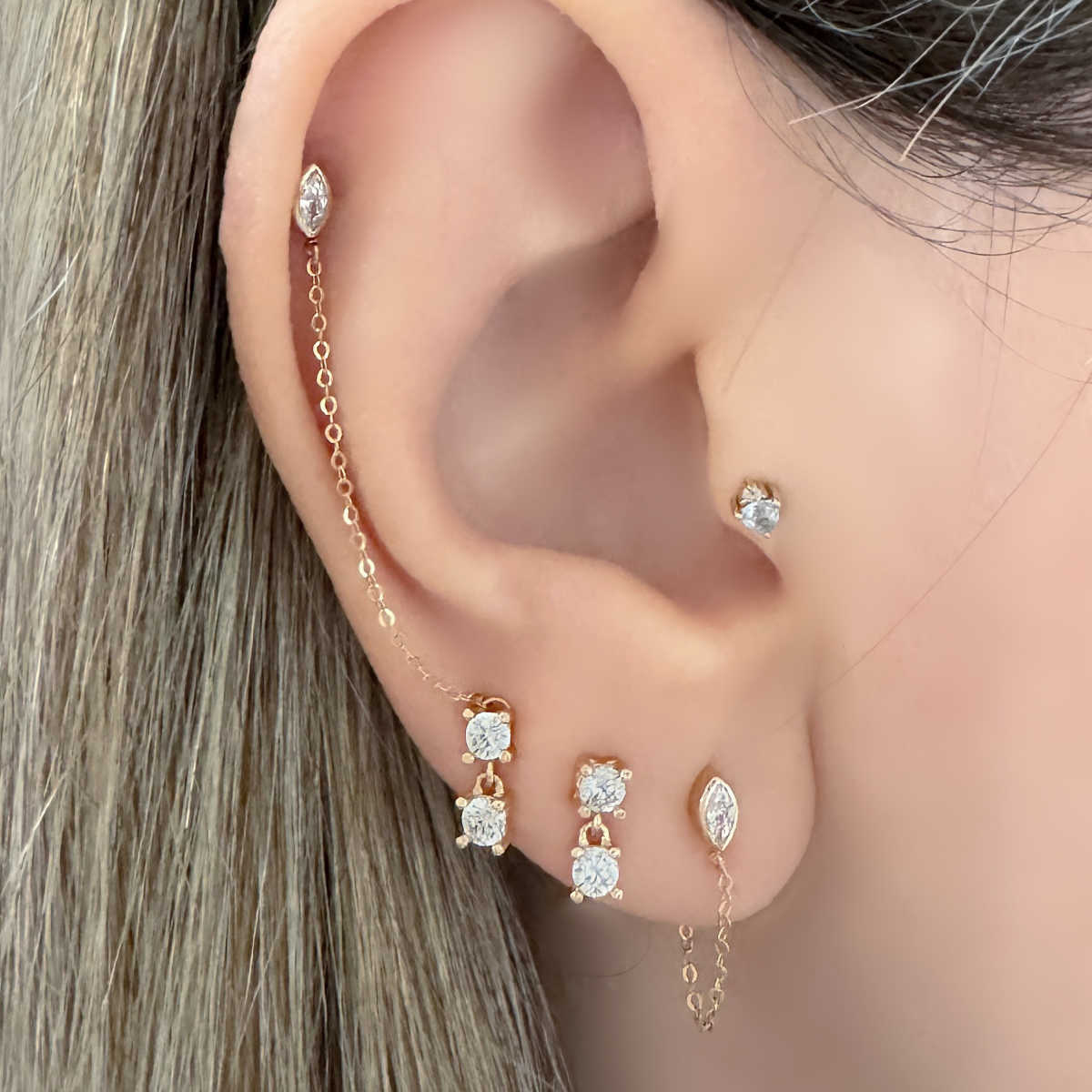 Marquise Shaped Connector Stud | 14k Gold Helix Chain Earring on Model