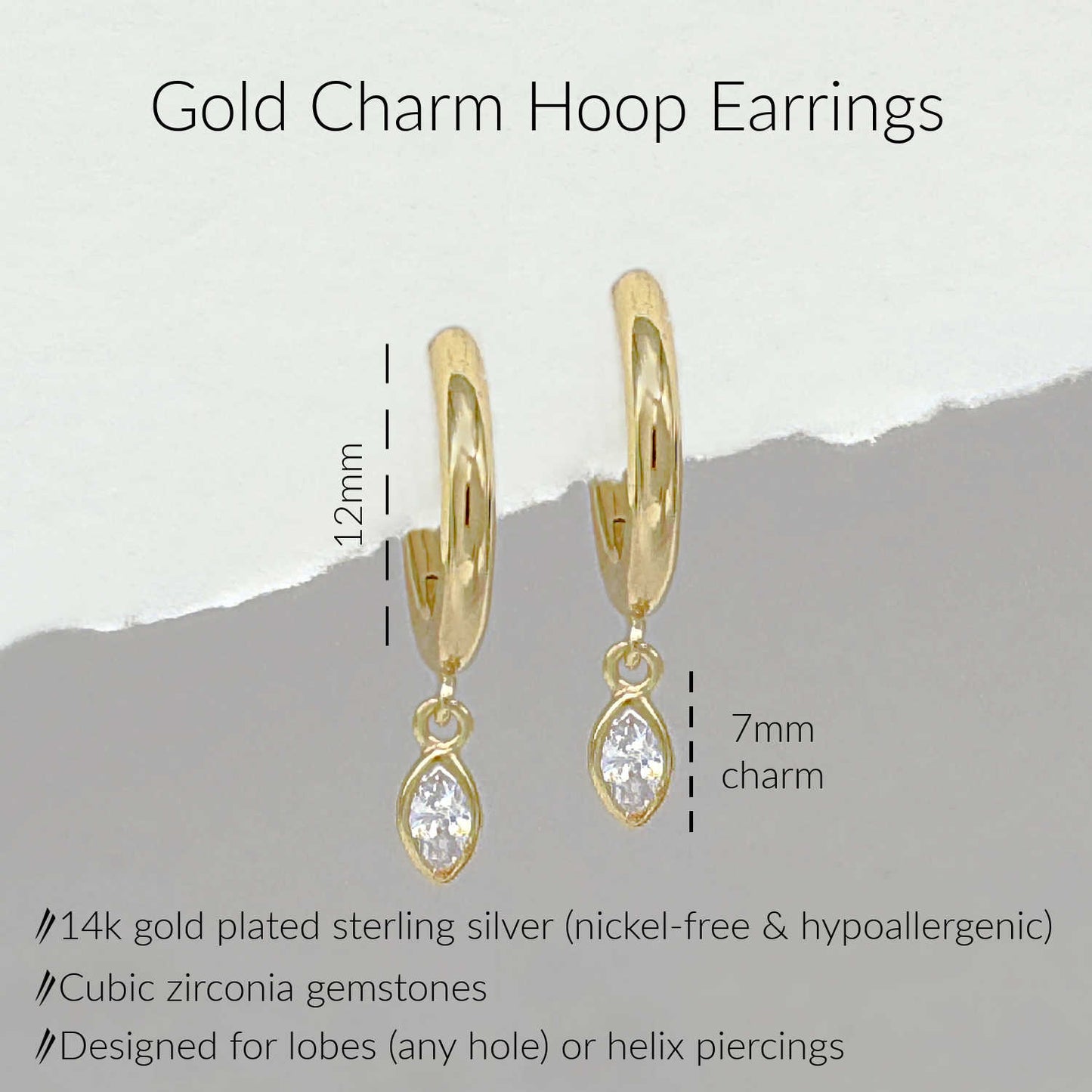 Specs for Gold Charm Hoop Earrings. Marquise cut cubic zirconia charm dangle on 12mm hinged huggie. 14k gold plated sterling silver